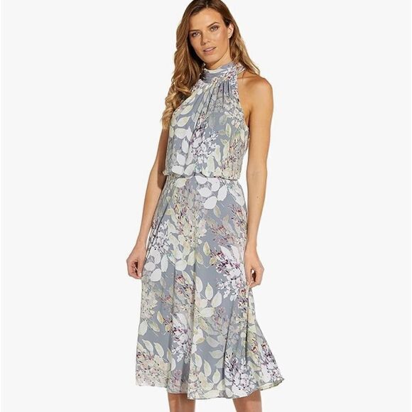 Adrianna Papell Women's Dress Mock Neck Prted Water Color MIDI Light Blue 2 NWT - Picture 2 of 8